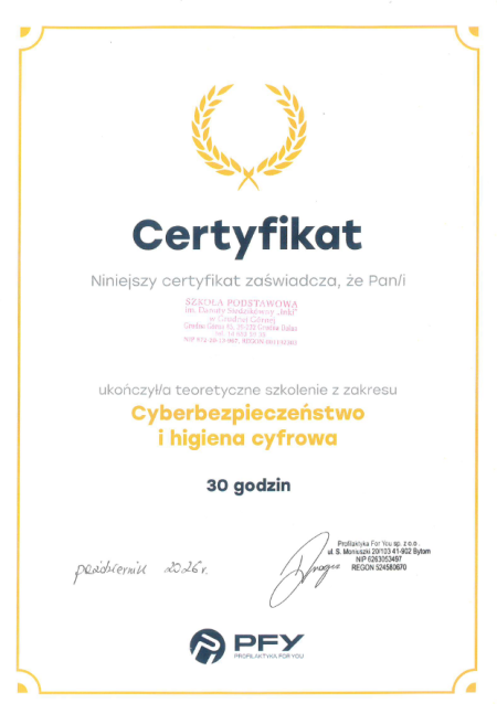Certyfikat - Cyberbezpieczeństwo i higiena cyfrowa